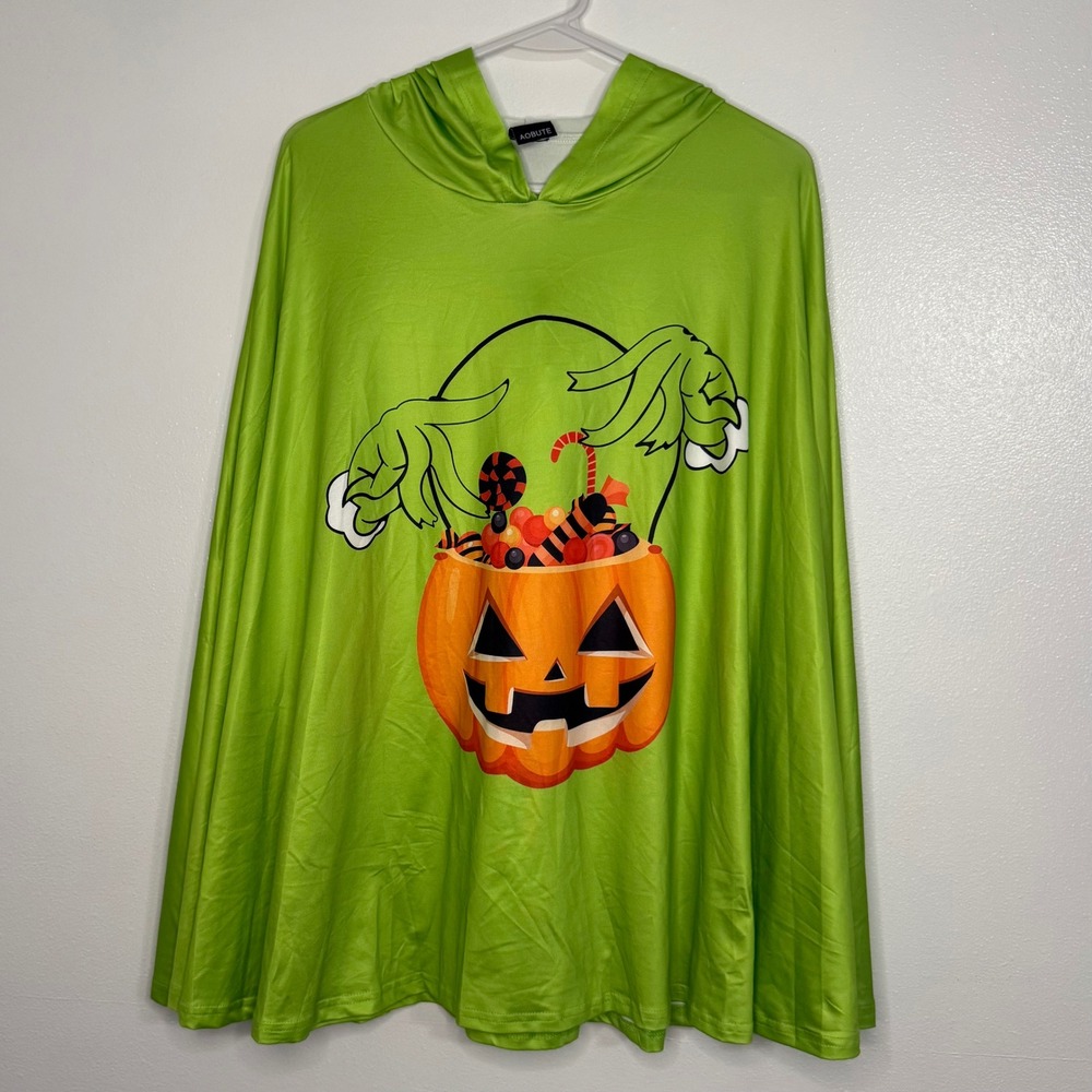 AOBUTE Halloween Costume Poncho Unisex OS Green Pumpkin Grinch Excellent Cape